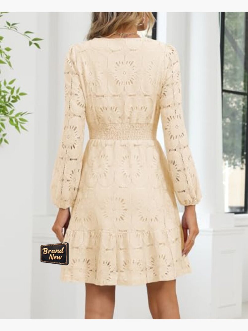 Women's Long Sleeve Eyelet Lace A-Line Mini Dress with Pockets Flowy Fit - Picture 4 of 6